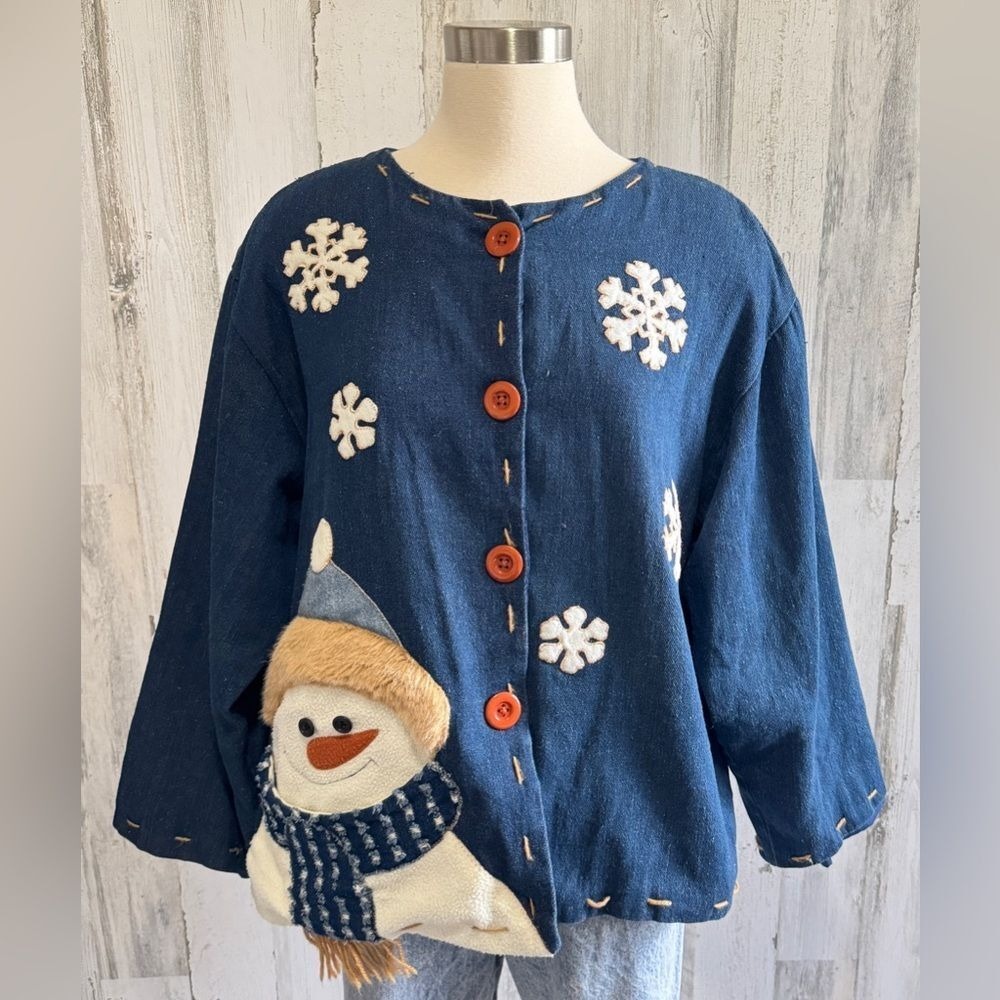 Vintage Snowman Cardigan denim One Size Fits Most Fun Holiday Sweater - Picture 9 of 9